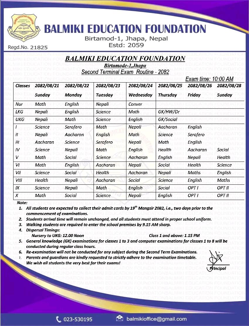 Second Terminal Exam routine -2082